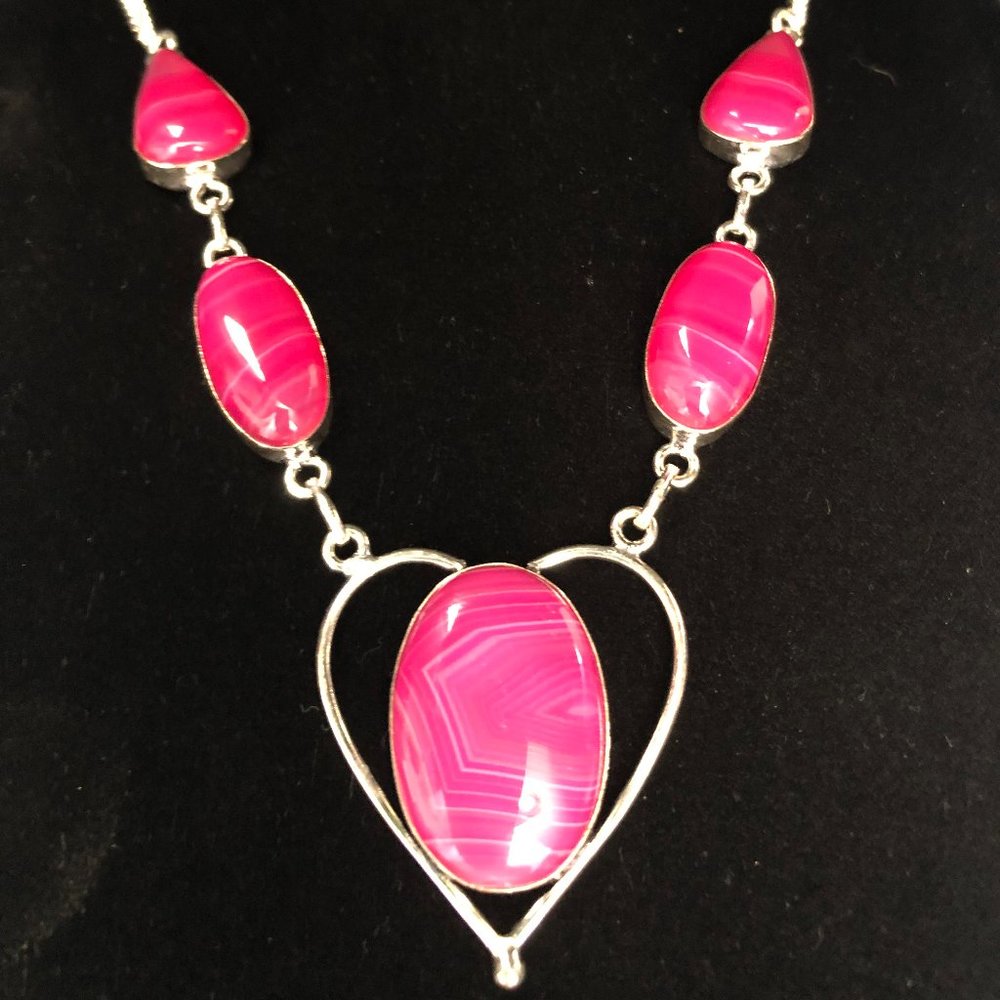 Heart Pink Lace Agate Gemstone 925 Stamped Necklace.
